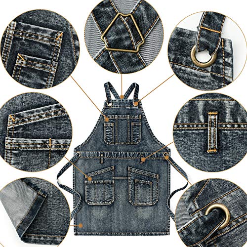 Jeanerlor – Aventais de cabeleireiro jeans de algodão com bolsos para mulheres, avental de trabalho