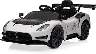 Kidzone 12V Ride On Car for Kids, Licensed Maserati GT2 Electric Sports Car with Remote Control, LED Lights, Bluetooth & USB Music, Open Doors, Portable Pull Rod - White