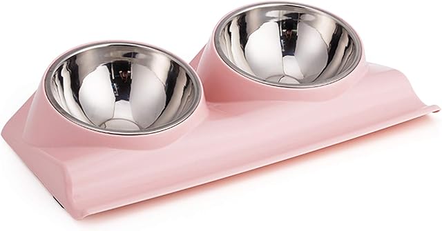 Vealind Double Pet Dog Bowl with Raised Stand, 15 Degree Tilted Non Slip Cat Food and Water Feeding Bowls (Pink)