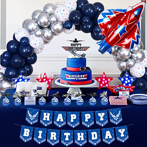 Fighter Jet Birthday Party Decorations, Air Force Birthday Party Decorations Balloons Garland, Airplane Happy Birthday Banner Cupcake Cake Topper Edible For Military Jet Theme Aircraft Party #TOP4