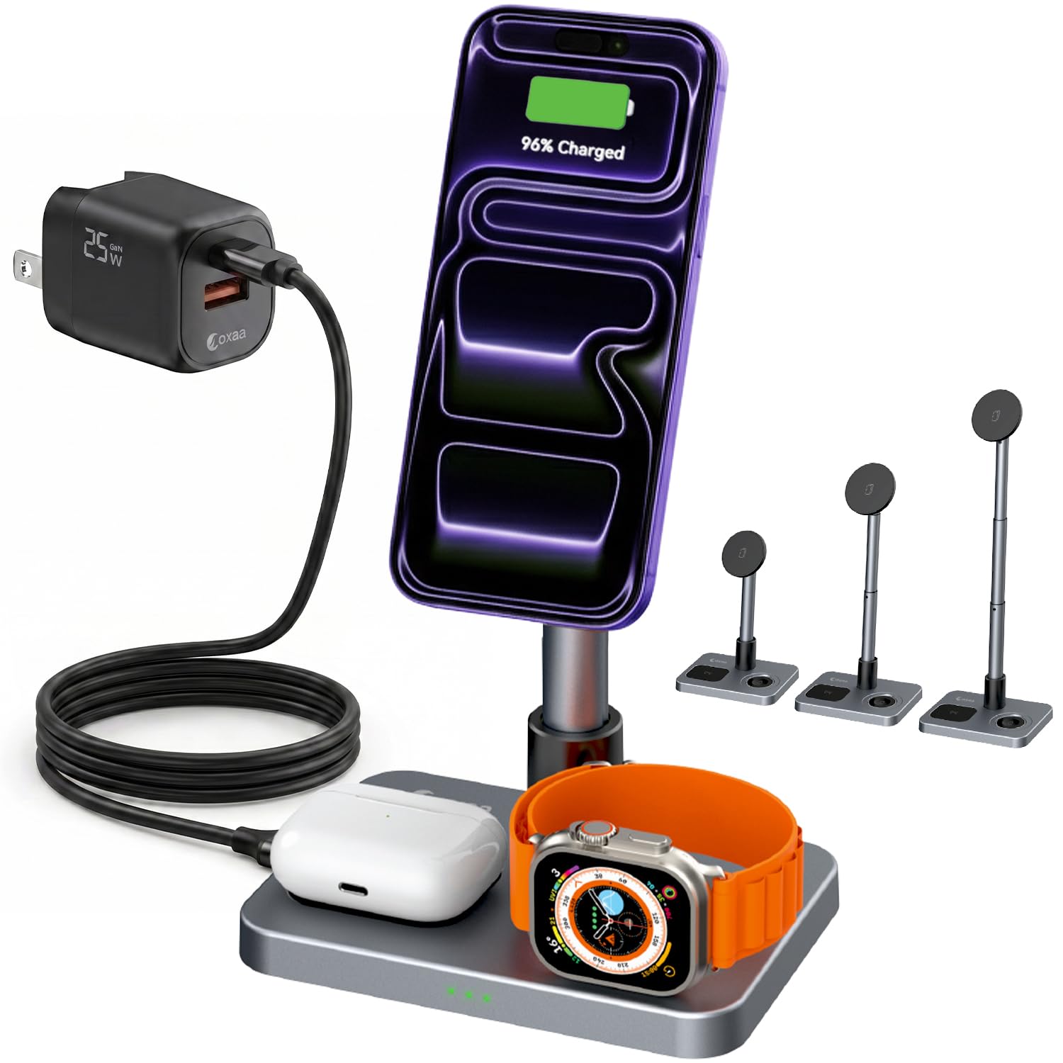 Support de chargeur télescopique 3 en 1 pour montre avec chargeur de téléphone pour iPhone, station de charge sans fil et chargeur sans fil pour appareils iOS