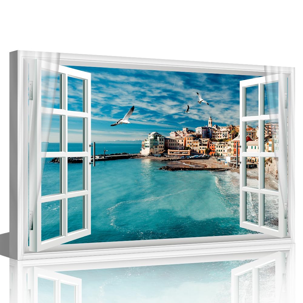 TISHIRON 3D Window View Seaside Effect Canvas Wall Art Prints for Living Room Bedroom Decor Office Kitchen Home Decoration Framed Ready to Hang 12x18inch — view 29