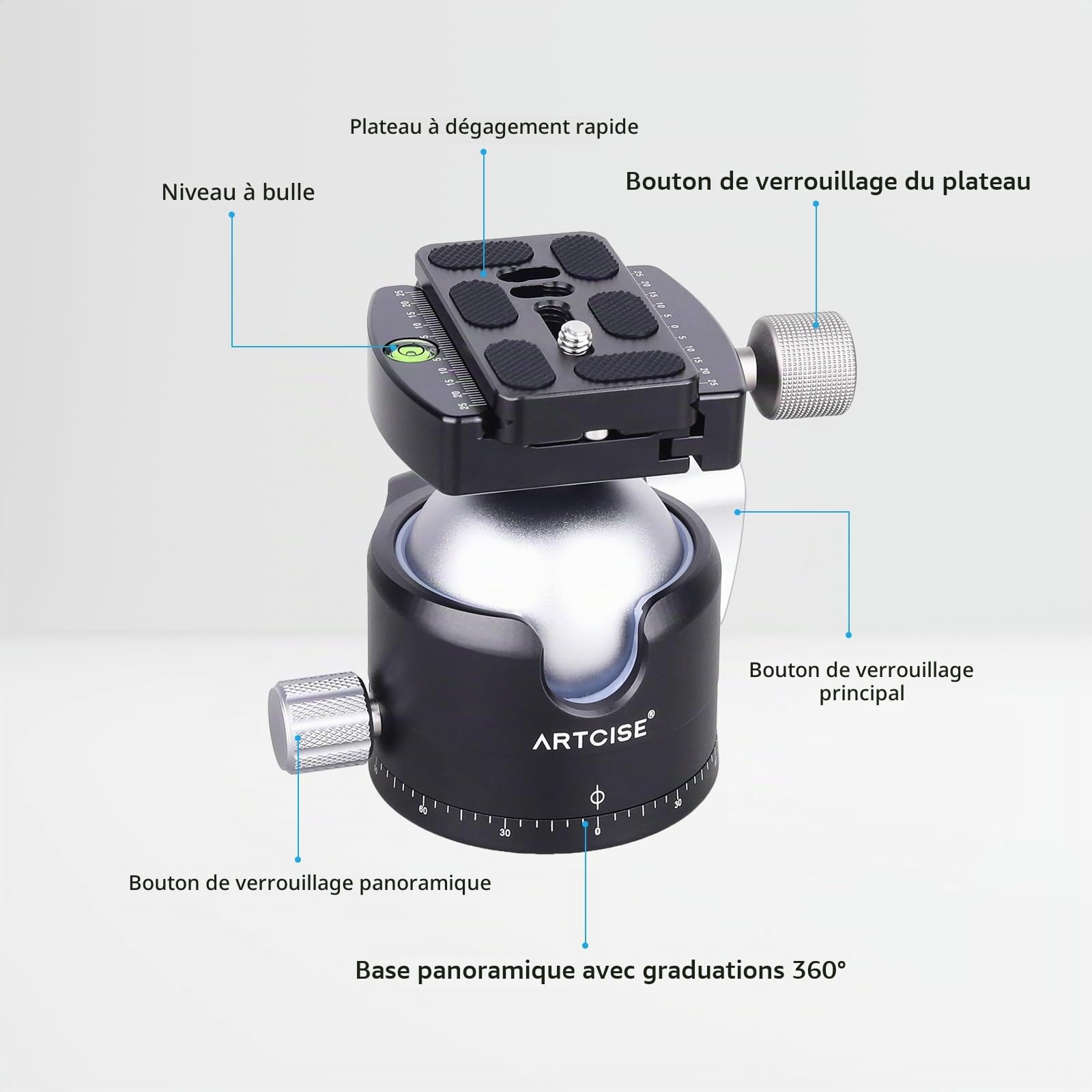 ARTCISE Tête à rotule Profil Bas, tête de trépied panoramique de 56 mm Compatible avec la Plaque de dégagement Rapide Arca 1/4" pour trépied Monopode Appareil Photo DSLR, capacité de Charge : 40 kg