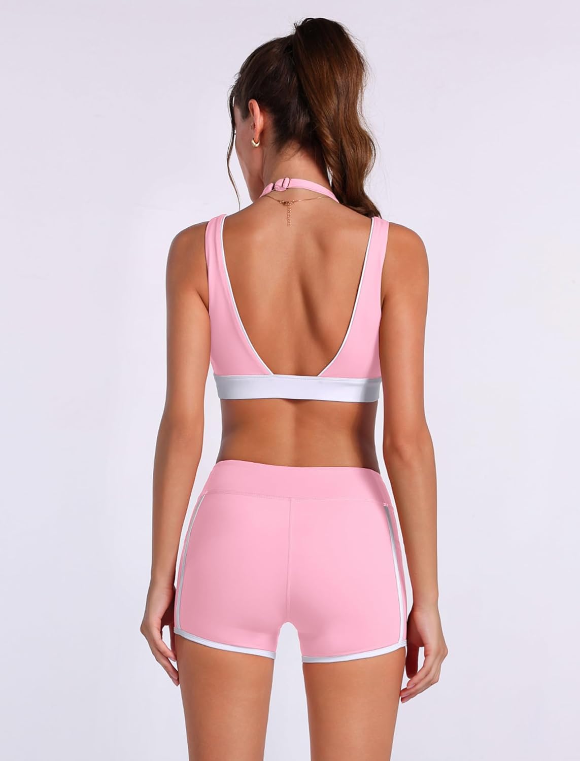 ABOCIW Womens 2 piece Workout Sets Deep V Neck Layered Sports Bra High Waist Mini Shorts with Pockets - Image 3