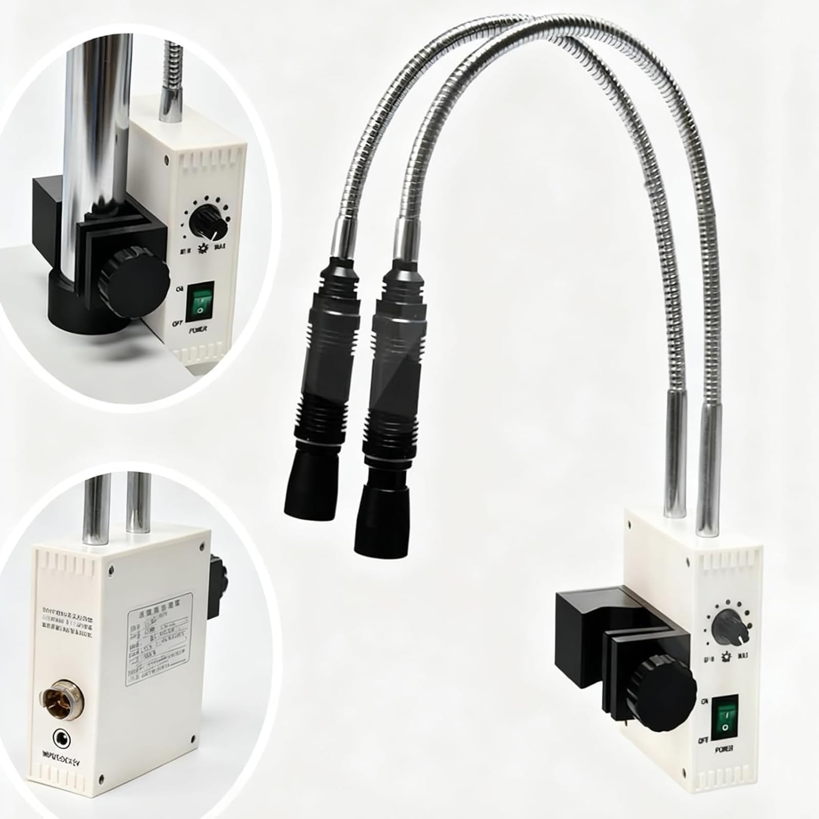 Iluminador LED de microscopio de fibra óptica con luces dobles flexibles de cuello de cisne, temperatura de color de 6000 K, brillo ajustable y apertura para microscopios de zoom estéreo