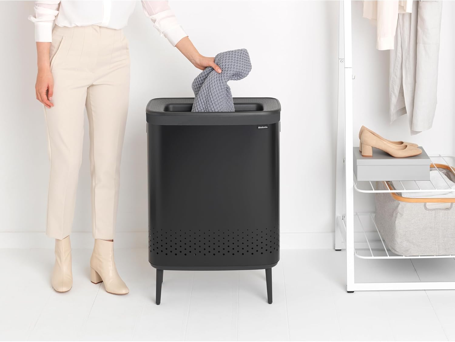 Brabantia Bo Laundry Hamper Hi (Matt Black) 2 Compartment Removable Laundry Bag 2 x 12 Gal, Ventilated Stylish Dirty Clothes Holder, Flat Back, Off-the Ground, Anti-Rust Materials for Bathroom Use