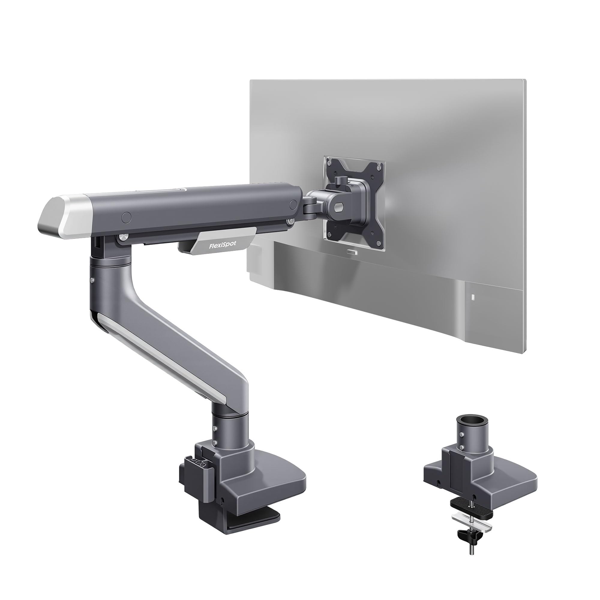 FlexiSpot Single Monitor Arm, Premium Aluminum Monitor Desk Mount Fits Screen up to 39 Inches, Fully Adjustable Monitor Stand with C-Clamp &amp; Grommet Base, Holds 6.61 to 26.46 lbs, Gun Gray