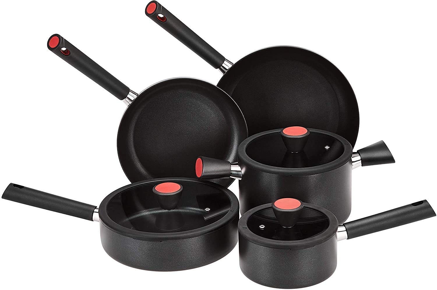 Amazon Basics 5 Pezzi Batteria da Cucina a Induzione - Antiaderente, Alluminio, con Funzione di Filtraggio Nero/Rosso Batteria da Cucina