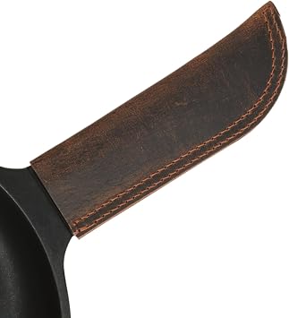 Leather Hot Handle, Panhandle Pot Holder, Heavy Duty Leather Double Stitched, Slides On/Off Easily onto Metal Skillet Grips, Essential Cookware Handmade Includes Brown