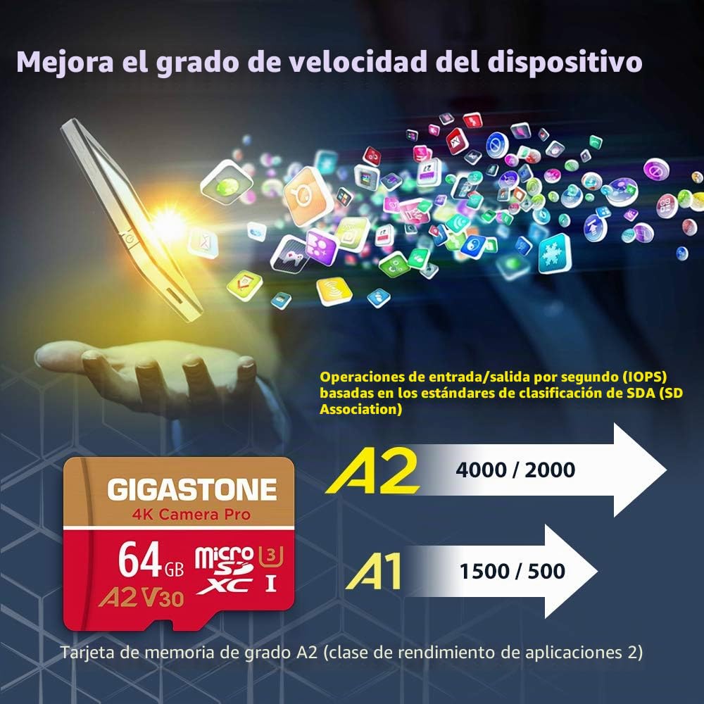 Gigastone - Tarjeta de Memoria (64 GB, 4K, cámara Pro, Compatible con GoPro Drone Switch, Velocidad 95 MB/s. para 4K Video, A2 U3 V30 Tarjeta Micro SDXC con Adaptador SD.