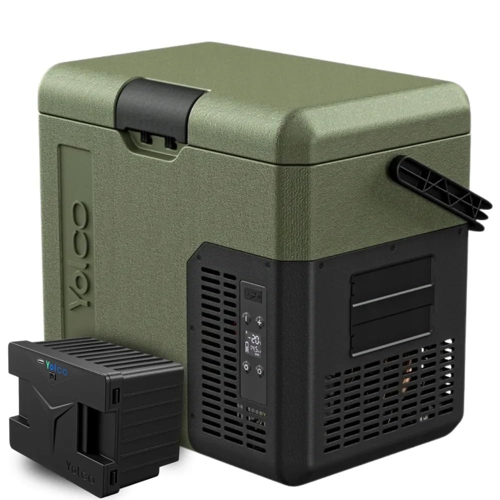 Yolco ET18 Green - Frigorifero con compressore, 18 l, con batteria SC4B, frigorifero e congelatore portatile fino a -20 °C, 12/24 V DC e 230 V, USB, per auto, camion, barca, campeggio, verde
