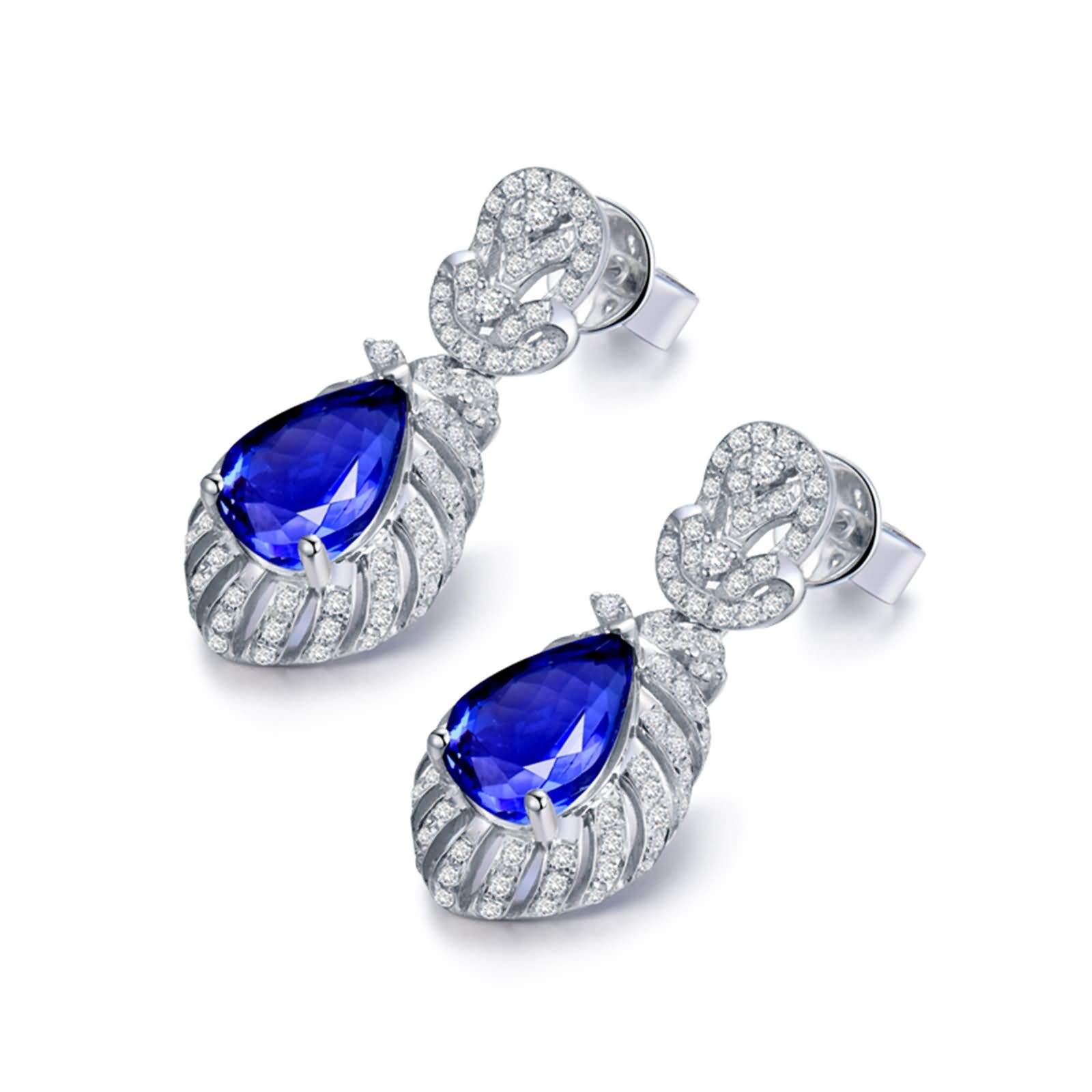 Weißgold Ohrringe Hochzeit 9K / 14K / 18 K Damen, Wassertropfen mit Tansanit 3 Karat und Diamant, Ohrringe Hängend Blau Silber Damen