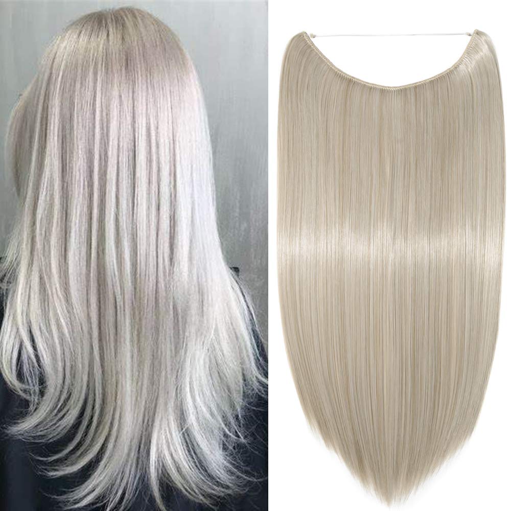 One Piece Straight Wire String Hairpiece Extensions 20in Wire on Hairpiece Invisible Heat-Resistant Blond&Silver Grey
