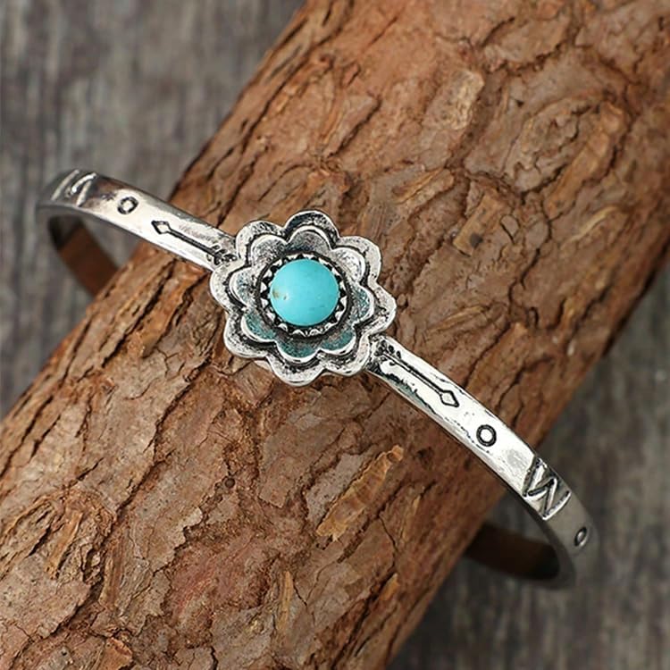 Chunky Silver Bohemian Flower Bracelet For Wemen Men, Turquoise Stackable Boho Non Tarnish Bangles Couples Jewelry Retro Gift - Image 4