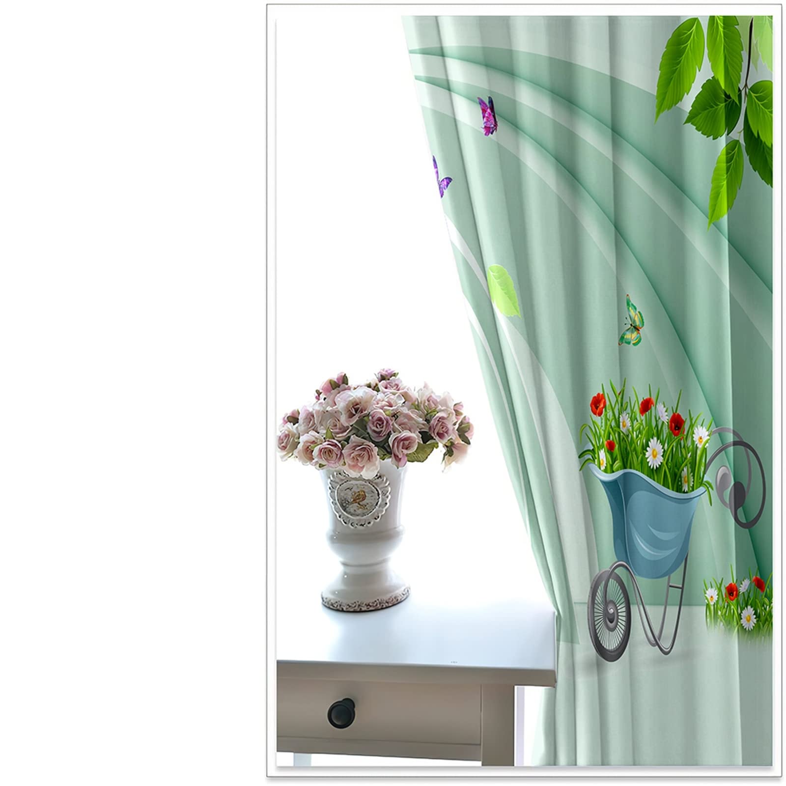 AMDXD Cortina infantil blanca verde azul, cortina de salón moderna, lote de 2 cestas de flores de hoja de poliéster, 264 x 115 cm