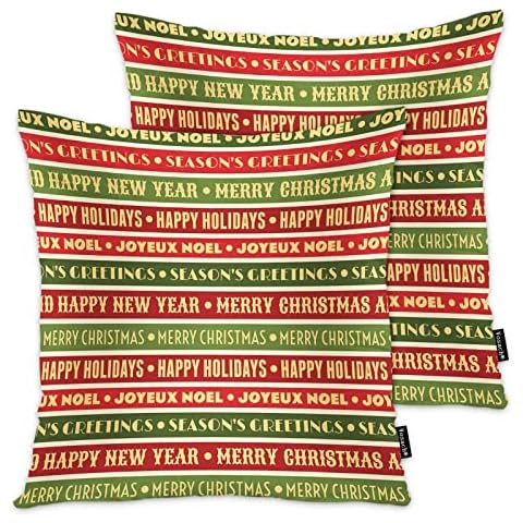 Vosach Pillow Covers Christmas, Farmhouse Decorative Throw Pillow Cases, Red Green Merry Christmas Happy New Year Quote Square Cushion Case for Home Sofa Couch Decoration, 18x18 Inches, Set of 2 Cover