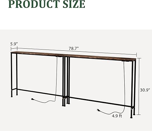 Miniatura 3 de Mesa consola estrecha de 78.7 pulgadas con toma de corriente, mesa de sofá ultrafina de 5.9 pulgadas con almacenamiento, mesa de entrada estrecha,