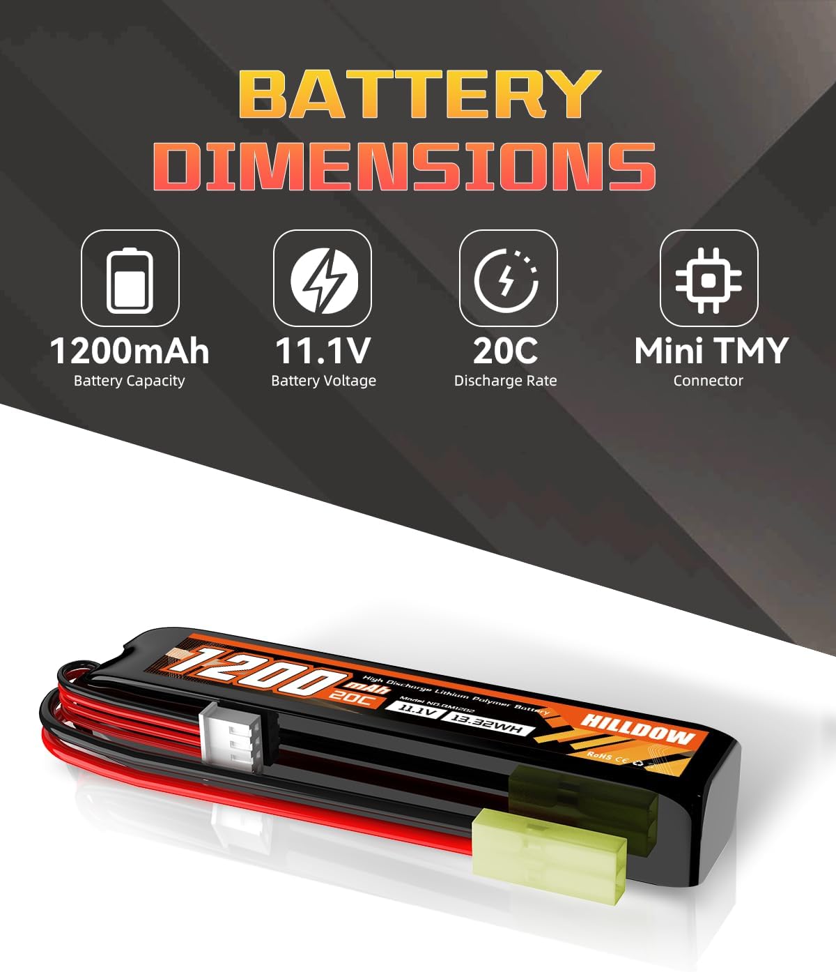 Hilldow 11.1V Airsoft Battery 1200mAh 20C Rechargeable Lipo RC Battery with Mini TMY Plug for Airsoft Guns