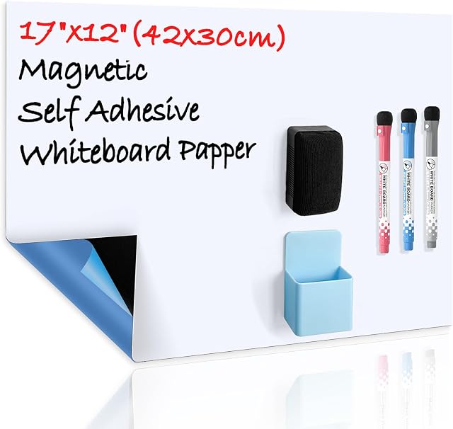 CUHIOY Sticker magnétique de tableau blanc 16,5"x12" - Mini Feuille d'effacement à sec Peel and Stick pour porte-réfrigérateur, salle de dortoir & Cubicle, tableau de notes amovibles pour la liste d'épicerie & Notes rapides, y compris 3 Stylos