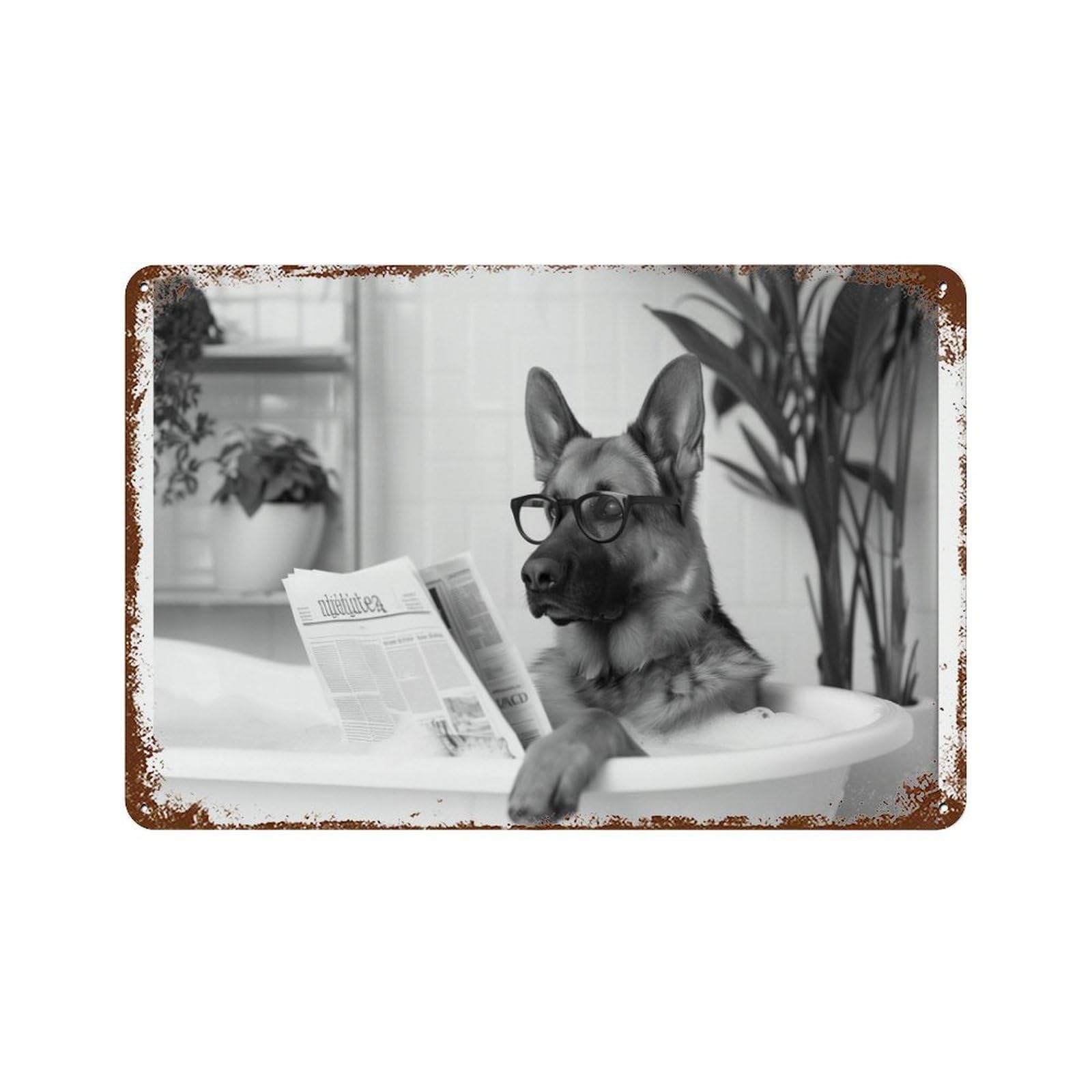 xiaoxiaoshen German Shepherd in Bathtub Dog Reading Newspaper, Funny Bathroom Decor Wall Decor Art Metal Tin Poster Modern Home Decor Art Home Bar Shop Decorations Vintage Sign 20x30cm