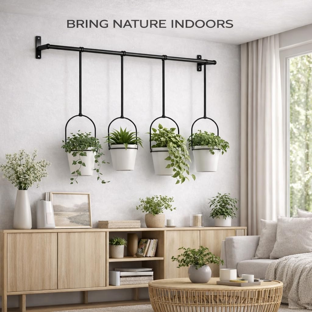 Hanging Planters for Indoor Plants with 4 Pots, Adjustable Window Plant Rod, Space-Saving Herb Garden Holder for Wall or Ceiling Mount (40in-4 Hanging basins)