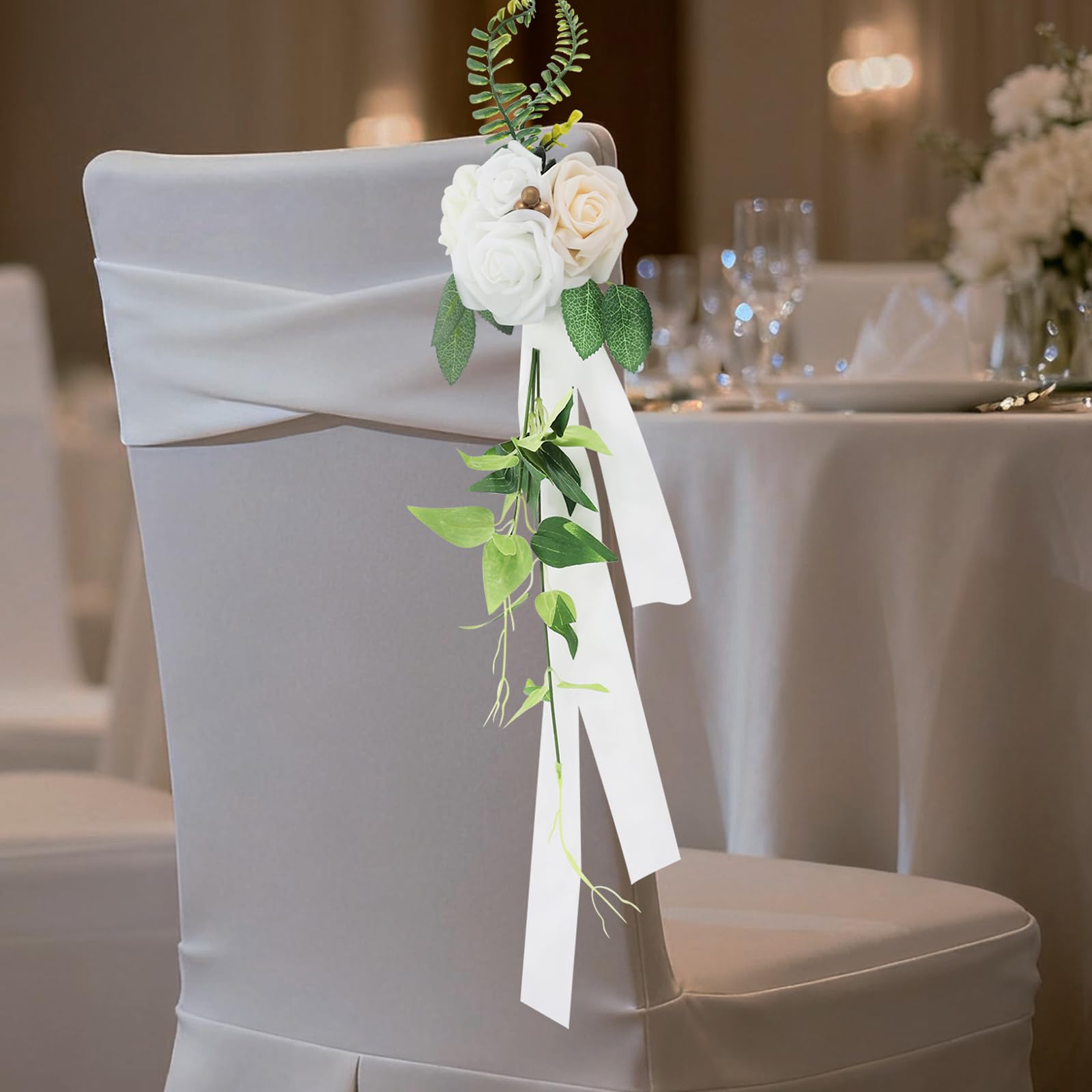 10 Stück Hochzeit Stuhl Deko Blumen, mit Kabelbinder, Künstliche Blumen für Hochzeiten, Partys, Bankette, Wohnraumdekoration, Leicht zu Reinigen (Weiß+Grün)