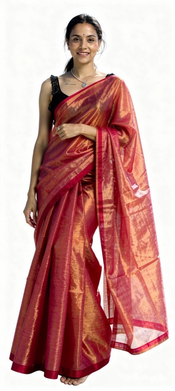 LA AMOUR Women's Tissue Cotton Saree with Tassel Pallu Design, Plain Without Border, Soft Lightweight with Matching Blouse Piece for Festive & Casual Occasion-image-28