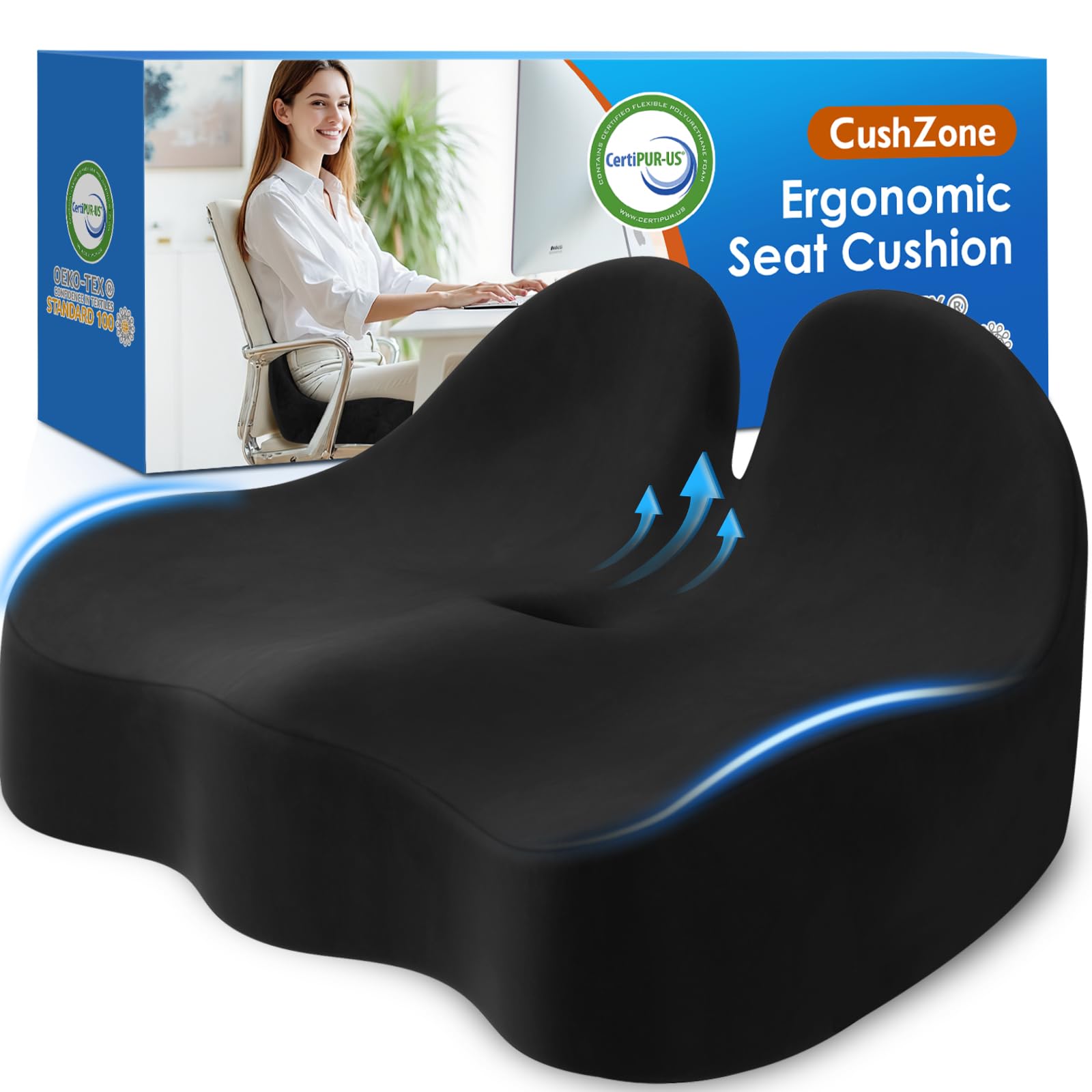 CushZone Seat Cushion, Memory Foam Office Chair Seat Cushion for Office Chairs/Car/Long Trip/Desk Chair/Gaming, Extra Large Size for Sciatica & Hip & Tailbone Pain Relief, Sciatica Support (Black)CushZone Seat Cushion, Memory Foam Office Chai…