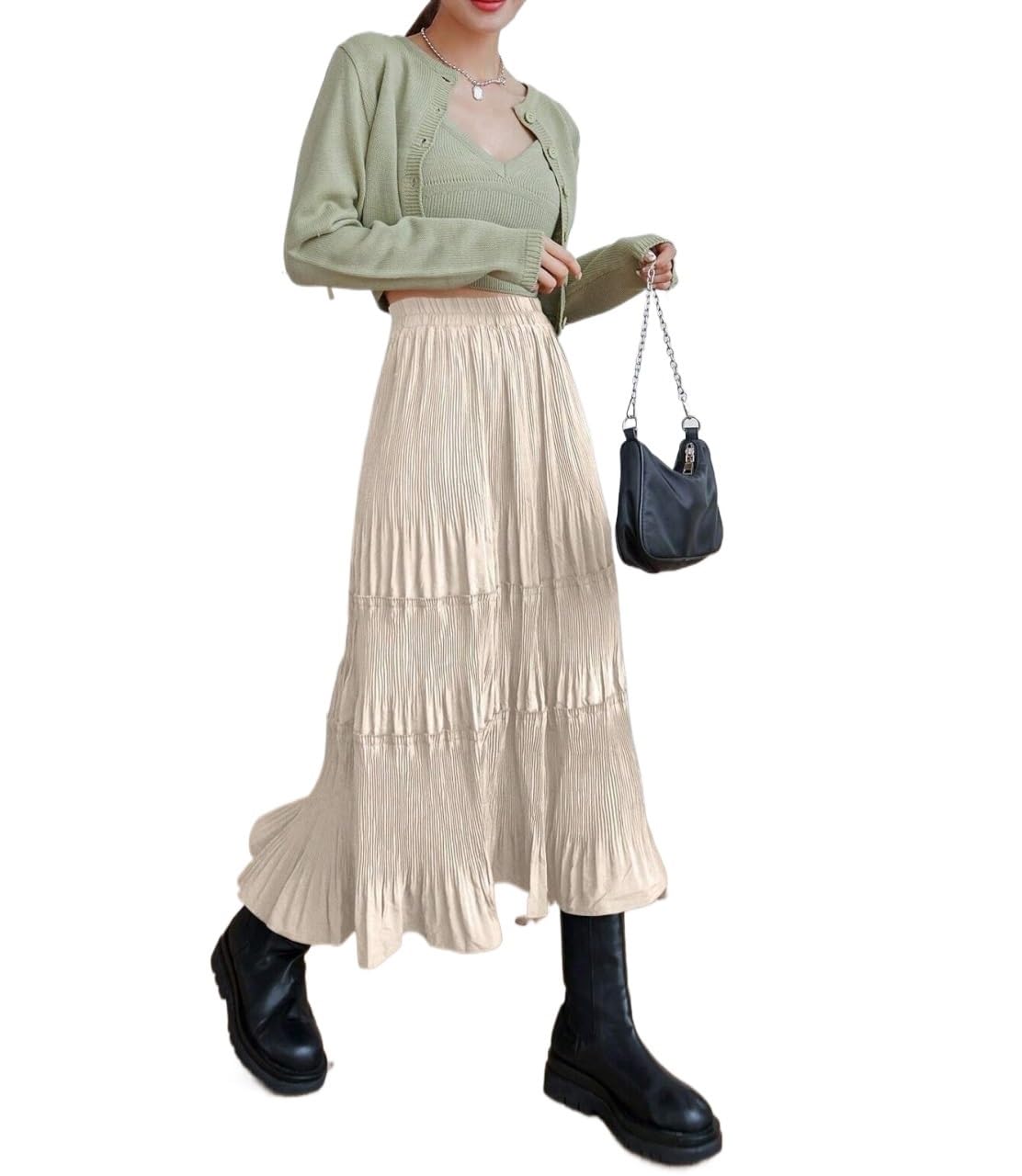 Womens Pleated Ruffle Hem Elegant Loose Midi Skirt Trendy Stylish Skirts