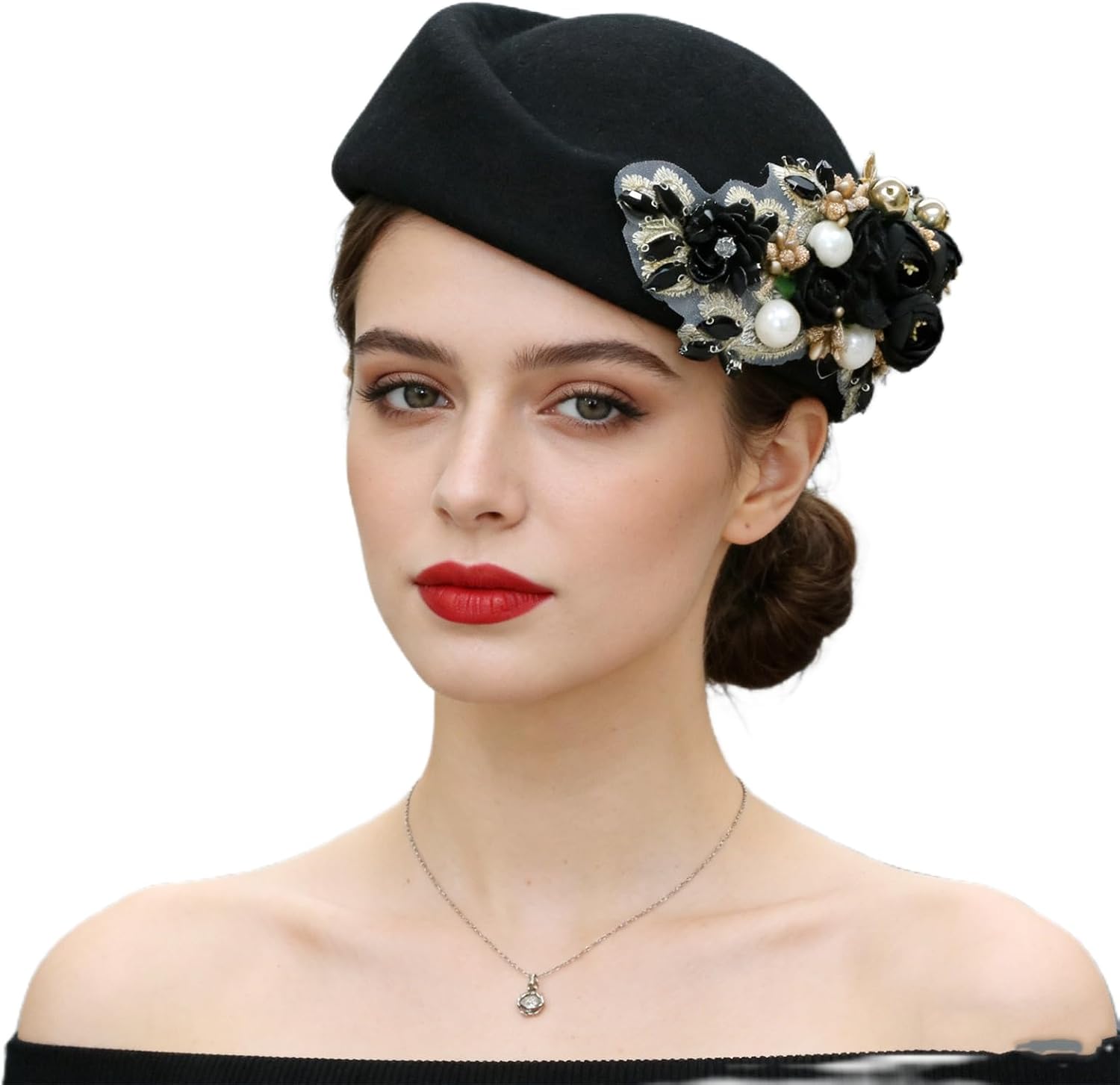 Women Vintage Church Hats Crystal Flower Applique Felt Pillbox Hats Fascinator Tea Party Caps