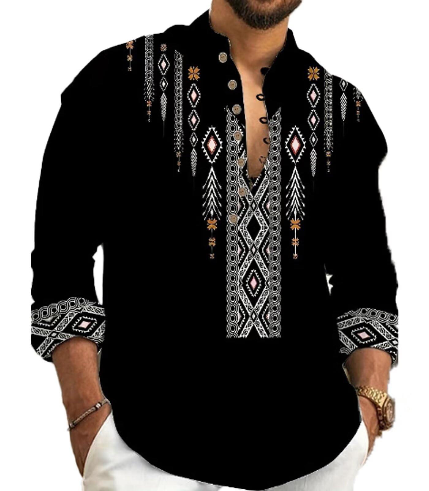 INVACHI Men's Casual Long-Sleeved Shirt,Retro Ethnic Print Shirt, Button-Down Half-Closure