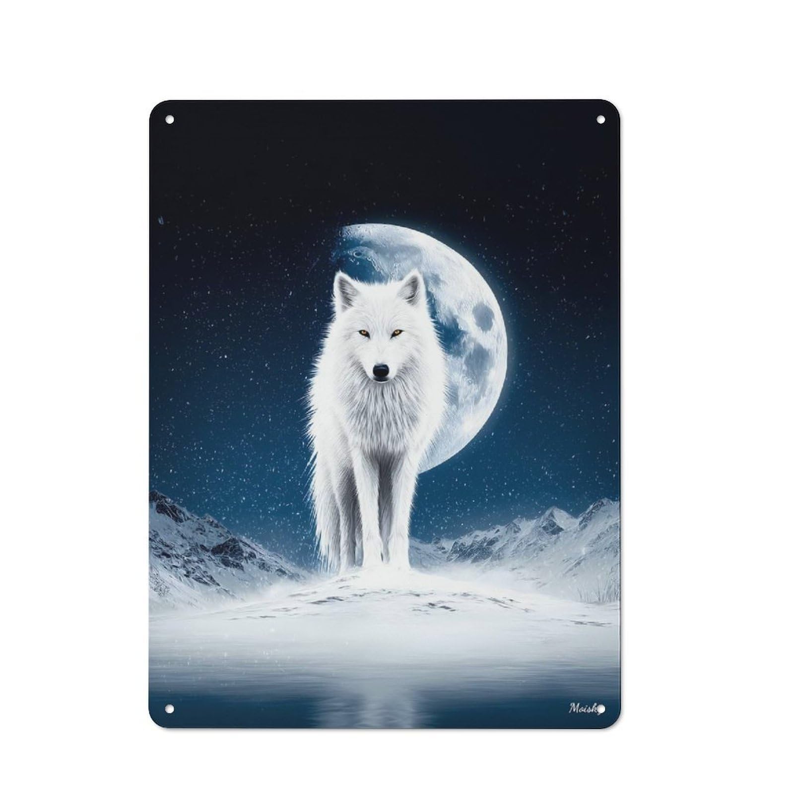 Junmoney White Wolf Under The Winter Moon Tin Sign With Design 40X30cm, Outdoor Room Porch Wall Decor For Greenhouse, Garden Room, Cafe Or Entryway