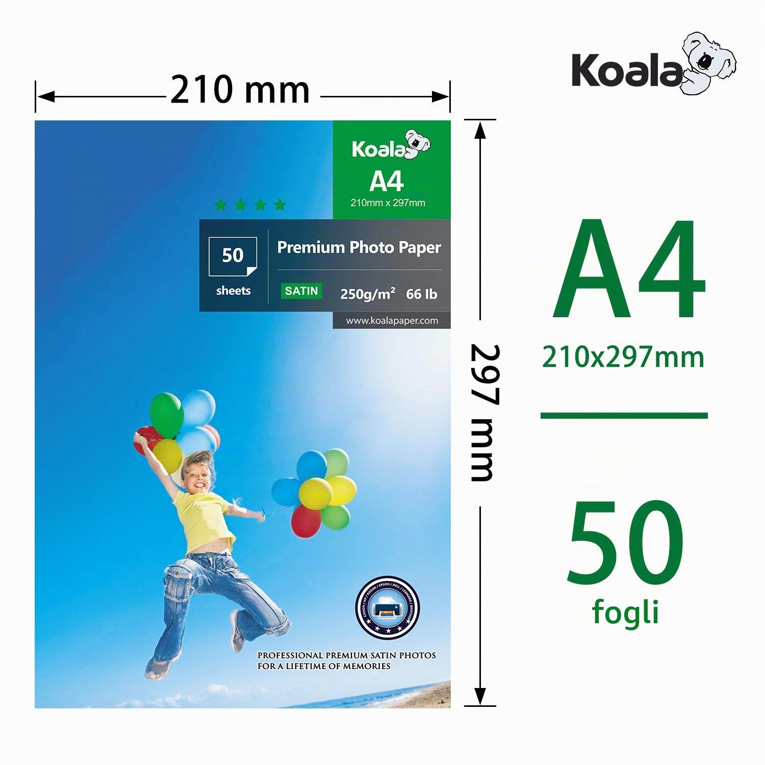 KOALA Carta Fotografica Satinata A4 250 g/m² 50 fogli per Stampanti a Getto d'Inchiostro Canon HP Epson