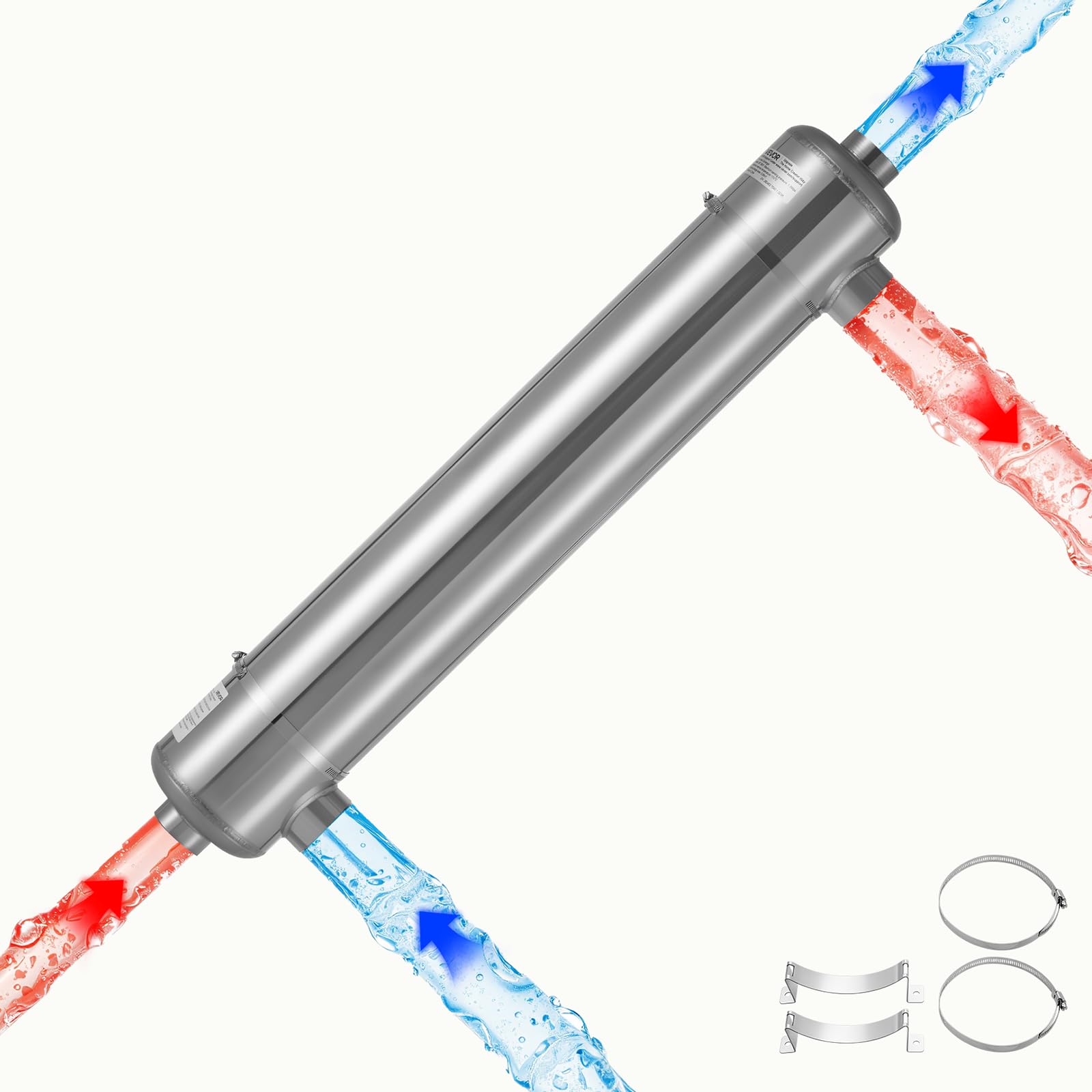 VEVOR Échangeur de Chaleur pour Piscine, Échangeur Thermique en Acier Inoxydable 316L, Capacité Thermique 105,5 KW, Système Eau-Eau pour Spa, Bain à Remous, Piscines Intérieures Extérieures, Argent