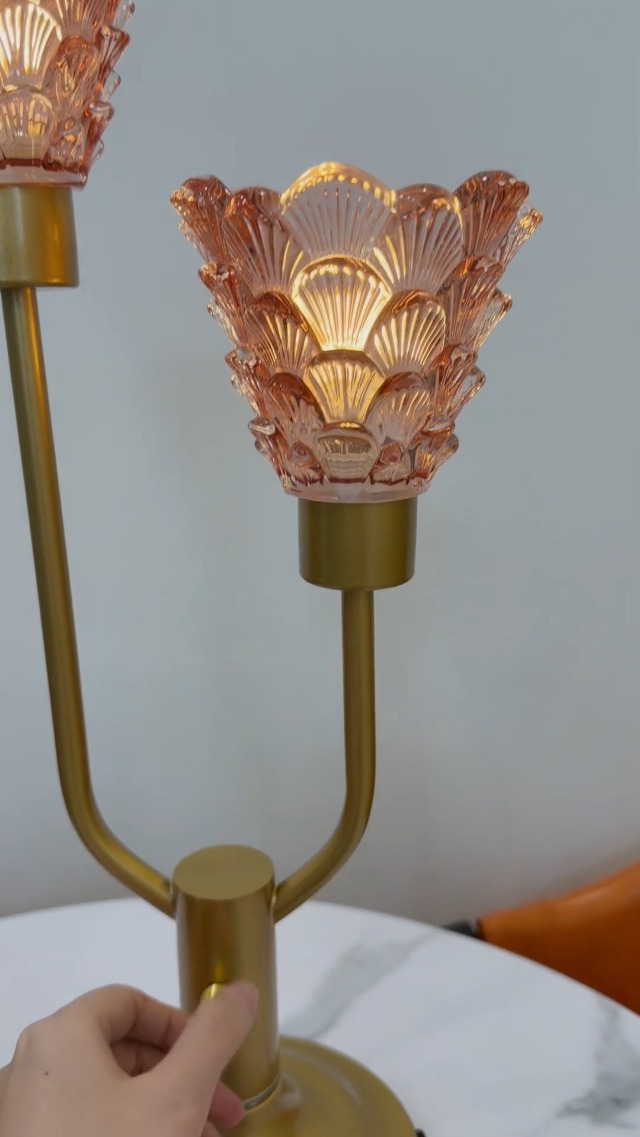 Image of Lightdot Mid Century Modern Glass Table Lamp Dimmable Vintage Pink Lamp | Nightstand Lamp Gold Desk Lamp 2 Bulbs Included 3000K Warmwhite Ambient Bedside Lamps for Bedroom Living Room Home Decor Gift