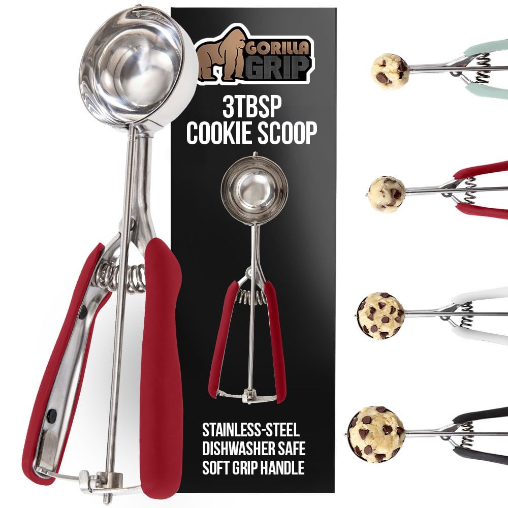 Gorilla Grip Stainless Steel Multipurpose BPA-Free Spring Scoop, 3 TBSP, for Melon, Cookie Dough, Ice Cream Scoops, Perfect Portion Sizes, Easy Squeeze and Clean Release, Scooper Size 24, Red
