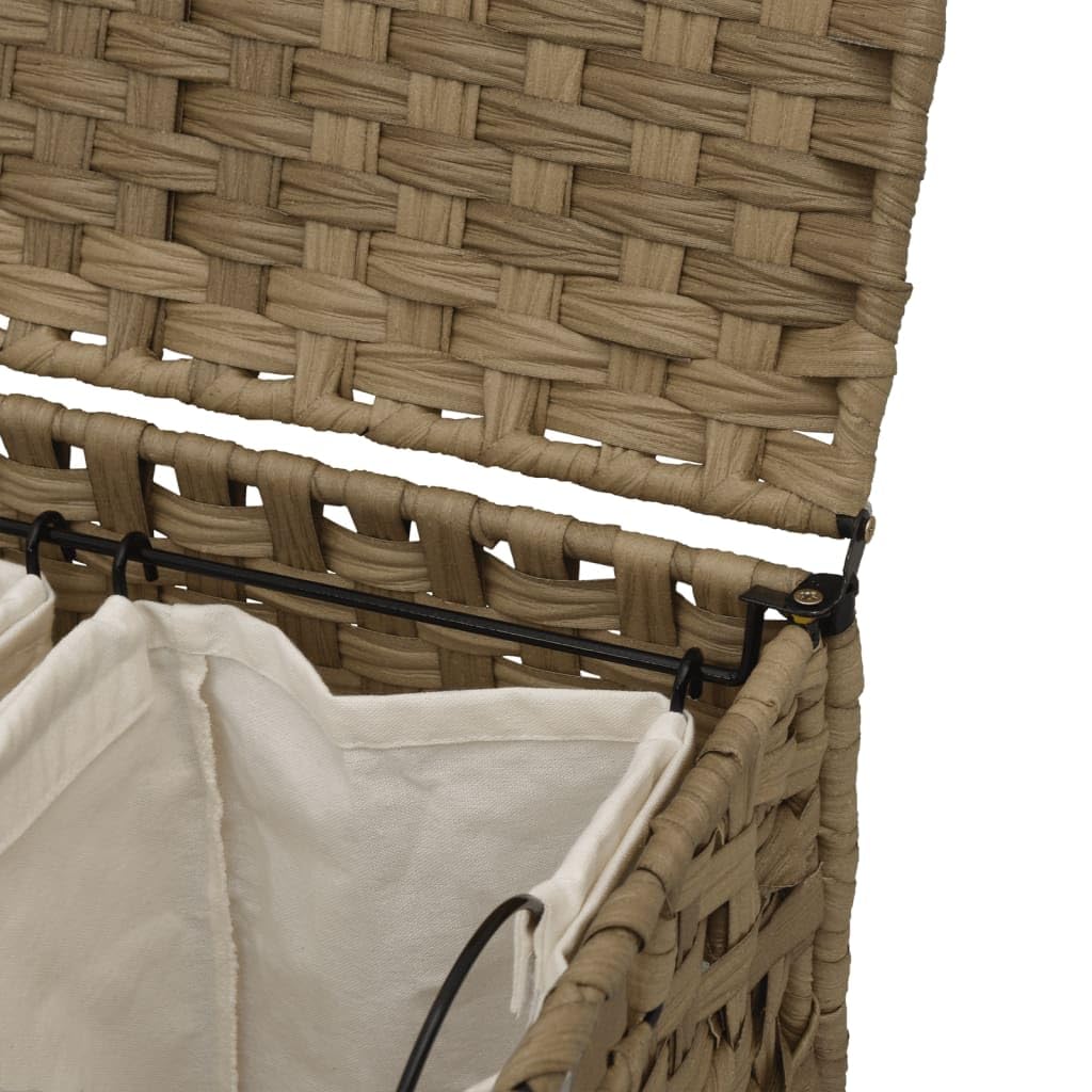 Wäschekorb mit Rollen aus Rattan 66 x 35 x 60 cm, handgewebt mit Deckel, 3 Fächer, Innenbeutel, Bremsrollen und Klappdesign für Bad, Schlafzimmer und Waschküche