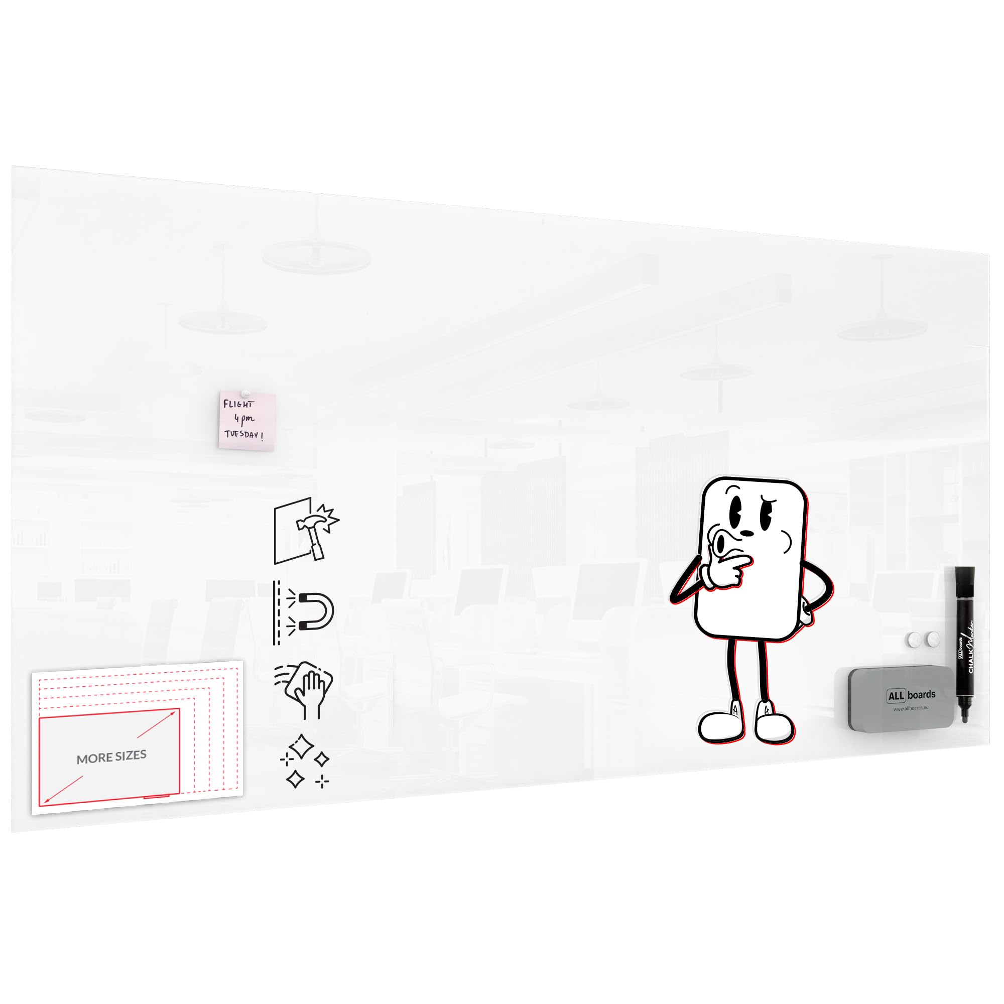 ALLboards Magnetic Super White Glass Board 200x100cm, Frameless, Glass Magnetic Whiteboard, Tempered Glass Writing Board