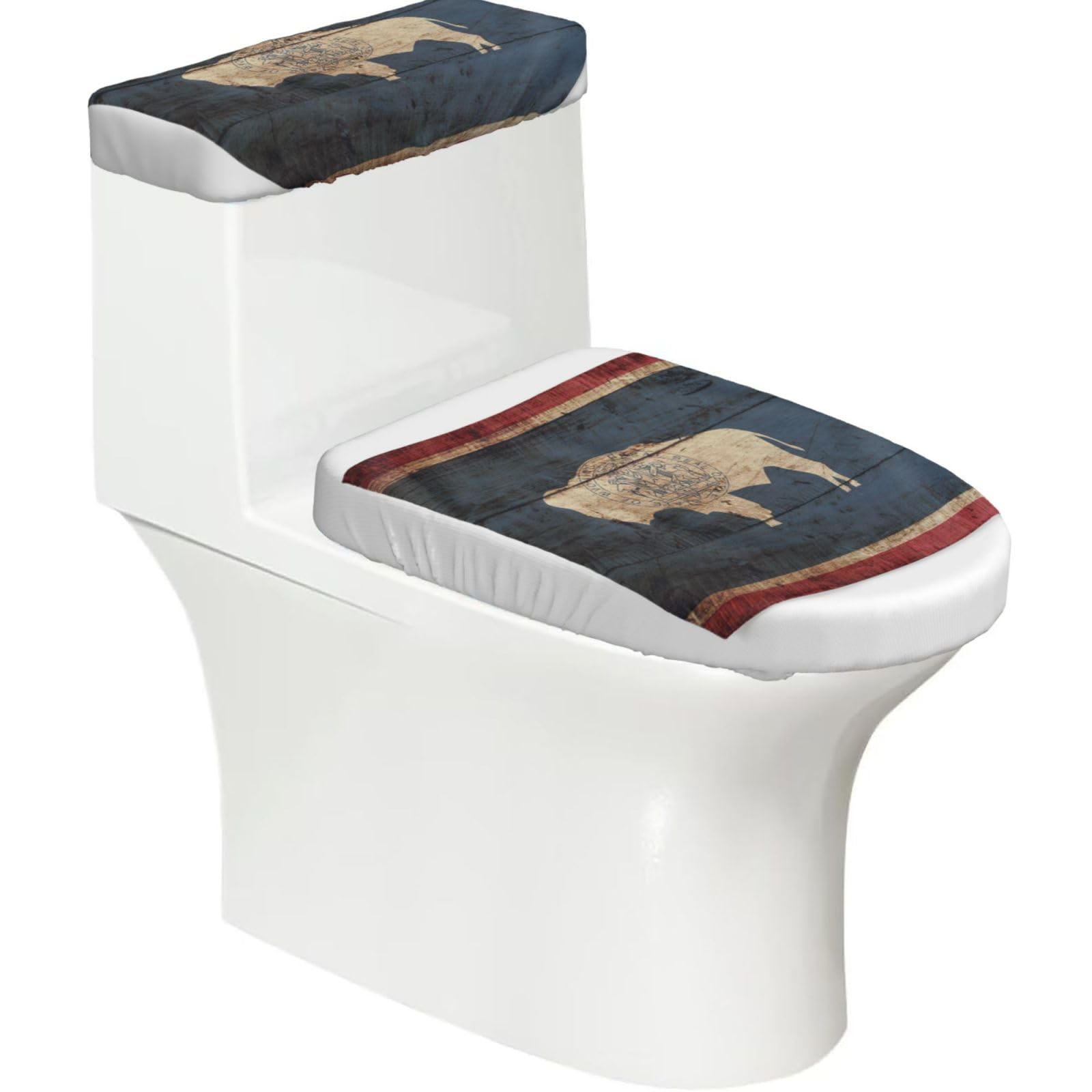Wyoming State Flag Map Print 2-Piece Stretch Toilet Cover Set, Elastic Breathable Toilet Seat and Tank Lid Protector