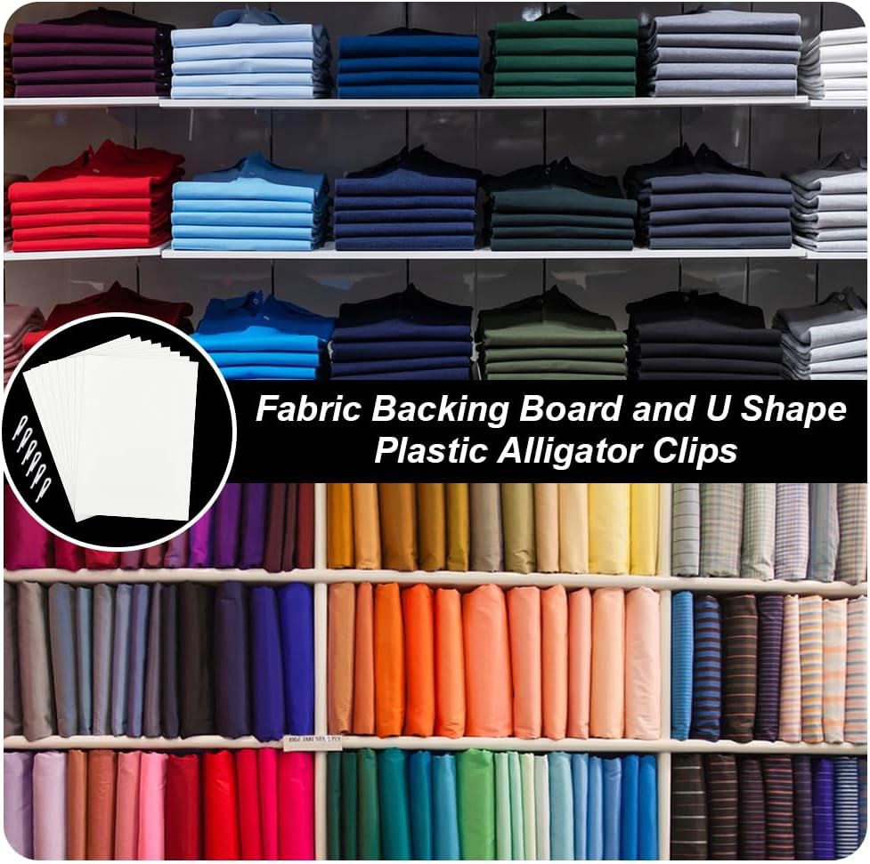 200Pcs 7.5 x 10.6 Inch Fabric Storage Boards, Thickness 3 mm Fabric Backing Boards and 900Pcs U Shape Plastic Alligator Clips Craft Paper for Folding and Storing Cloth Straight