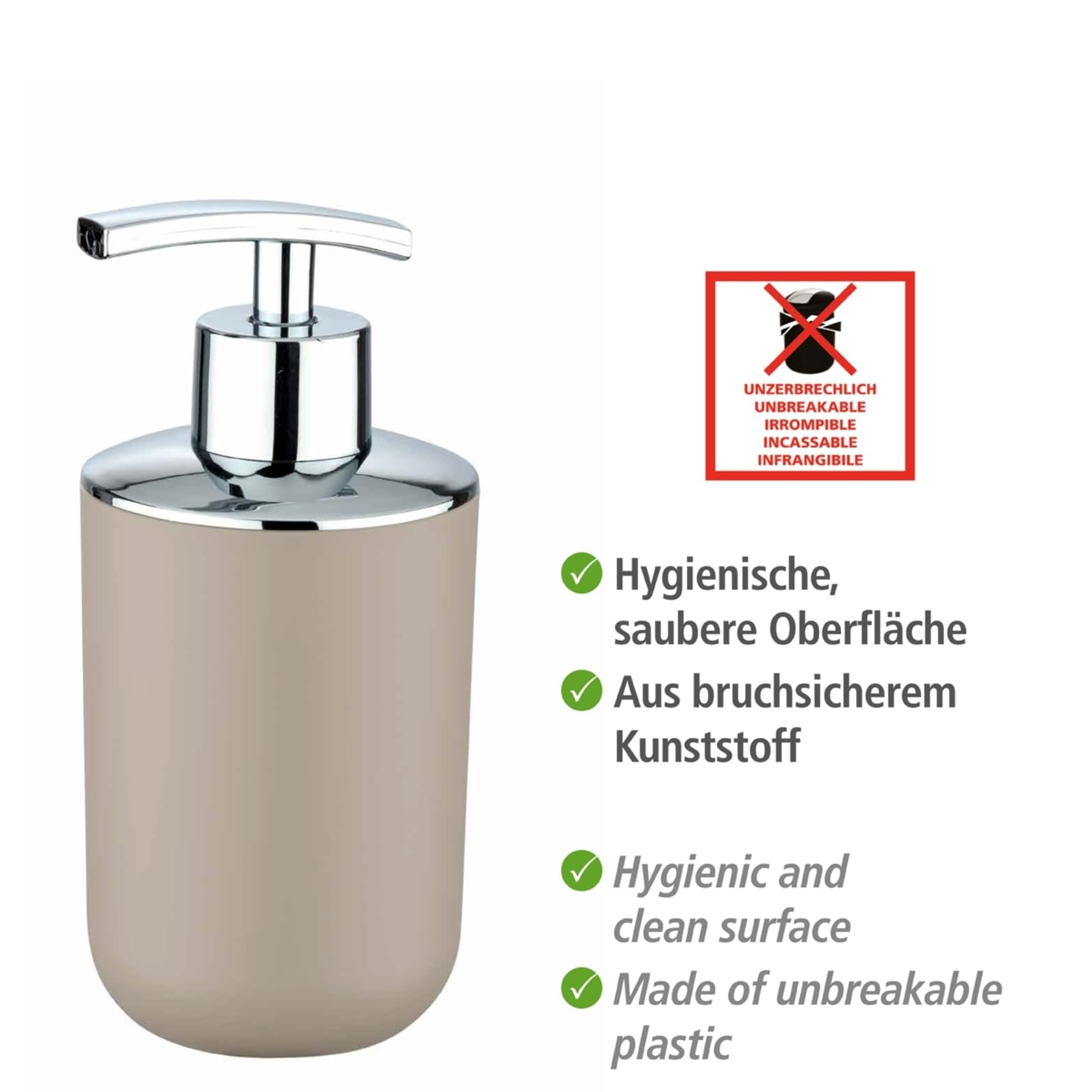 Bad-Accessoire Set Mod. Brasil, 4-teilig bestehend aus Zahnputzbecher, 320 ml Seifenspender, Kosmetikeimer 6,5 Liter & WC-Garnitur inkl. WC-Bürste, aus bruchsicherem Spezialkunststoff, Taupe