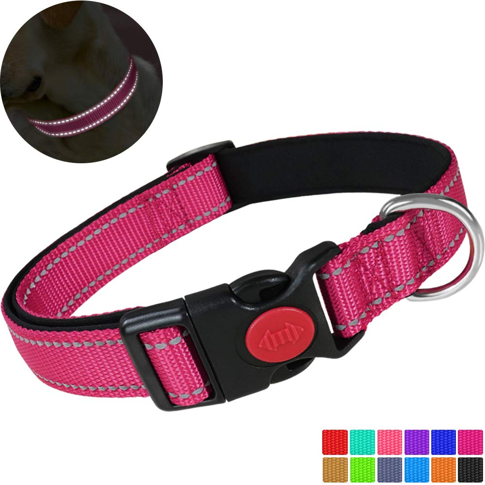 Reflective Nylon Dog Collar with Safety Buckle, Adjustable Pet Collars with Soft Neoprene Padding for Medium Dogs, Hot Pink