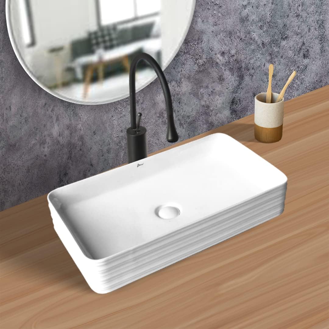 Brizzio 555 White Line Patterned Glossy Ceramic Wash Basin