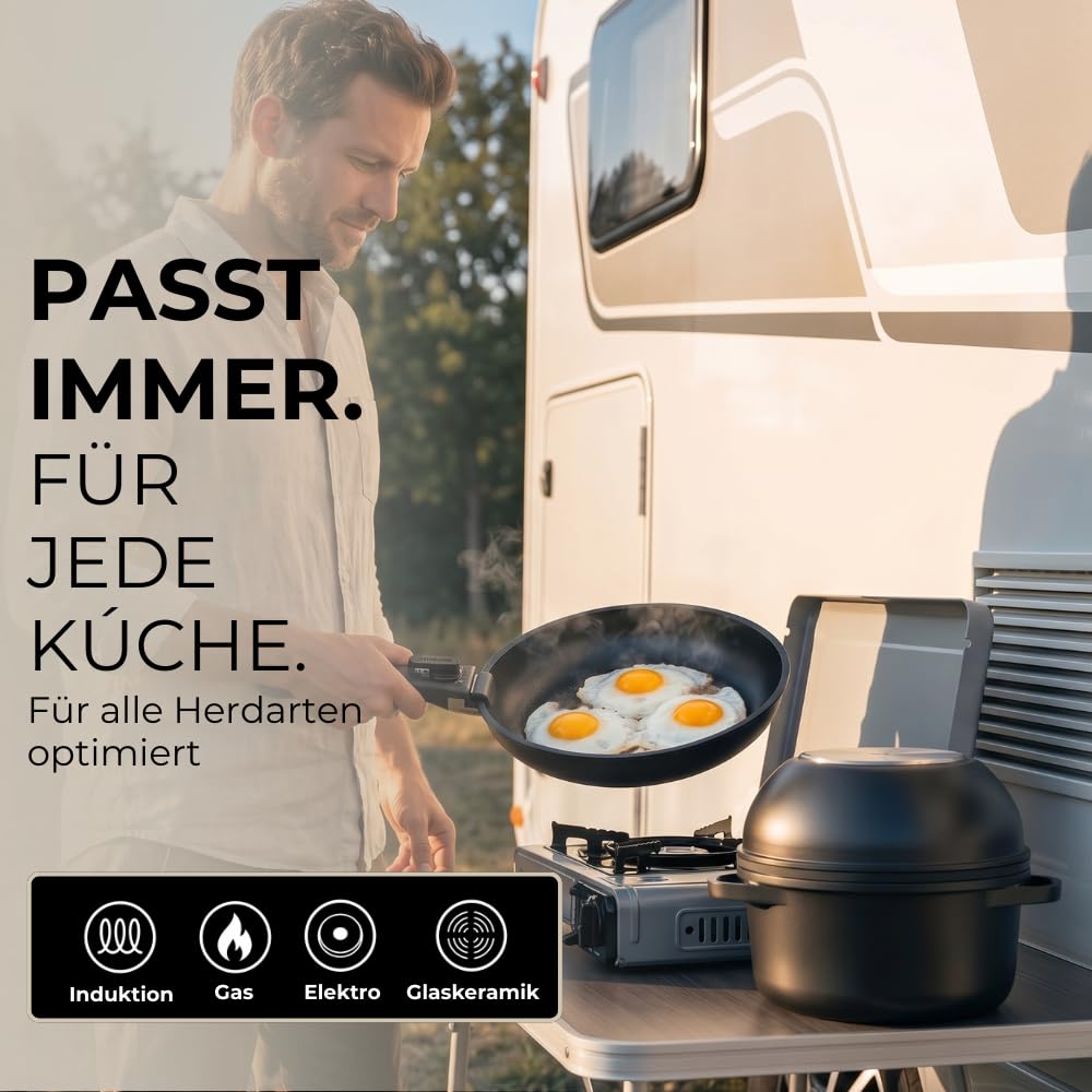 Essential Topfset 8-teilig, Töpfe & Pfannen Set mit abnehmbarem Griff, stapelbar und platzsparend, Antihaft Kochtopf Set und Camping Kochset für Induktion und Ceranfeld, einfache Reinigung