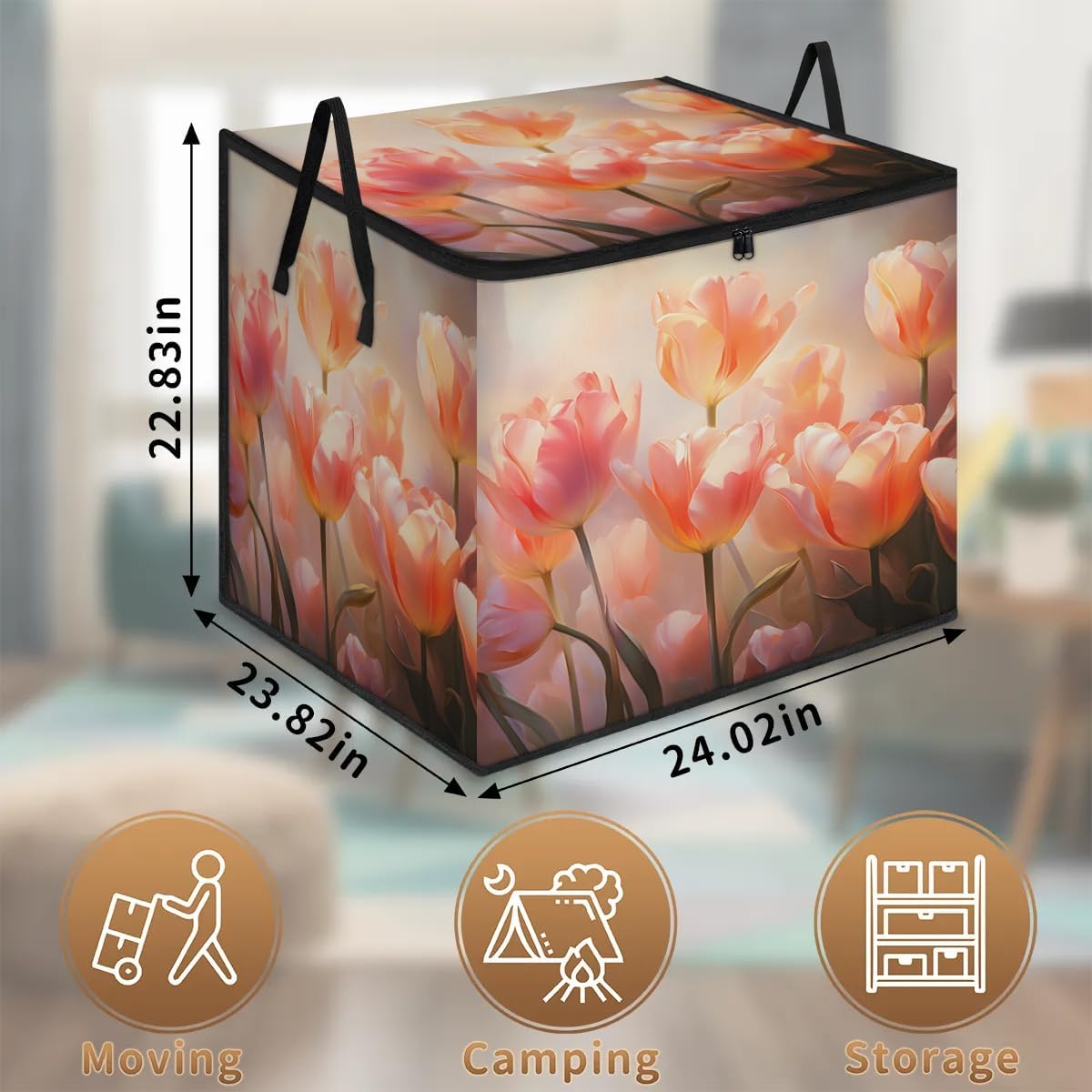 Honeybaby 214L Extra Large Comforter Storage Bag Flower Tulip Spring Storage Totes with Lids Waterproof Closet Organizer Folding Blanket Storage Bags for Clothes Bedding Pillows