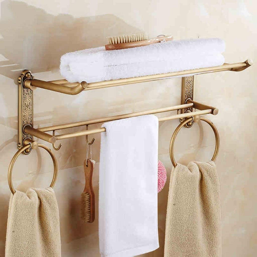 Copper Wire Drawing Bathroom Shelf Wall Hanging Double Layer Foldable Towel Rack Towel Towel Ring Storage Shelves (Size : 51 * 25 * 25CM) (51 * 25 * 25CM)