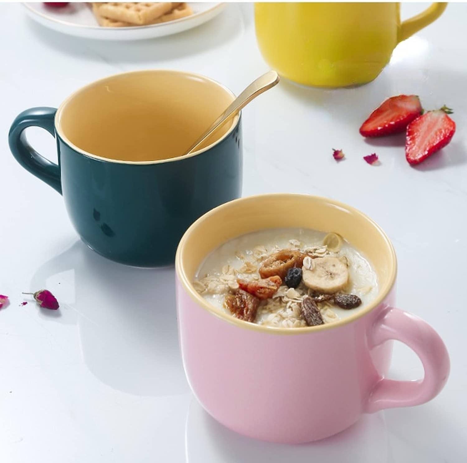 Arawat 21oz Pink Soup Bowls Microwave Safe with Handles Spoon and Coaster Large Soup Mug XXL Coffee Mugs Big Ceramic Tea Cups Cappuccino Cup Gift Birthday Gifts for Women and Men