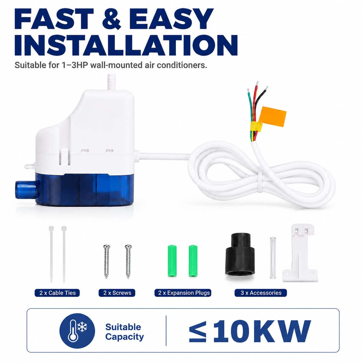 Kondensatpumpe, 10 m Förderhöhe, 24 l/h Fördermenge, automatische Kondenswasserpumpe für Klimaanlagen, 100–230 V, extrem leise (22 dB) für Klimaanlagen, Heizungen und Luftentfeuchter