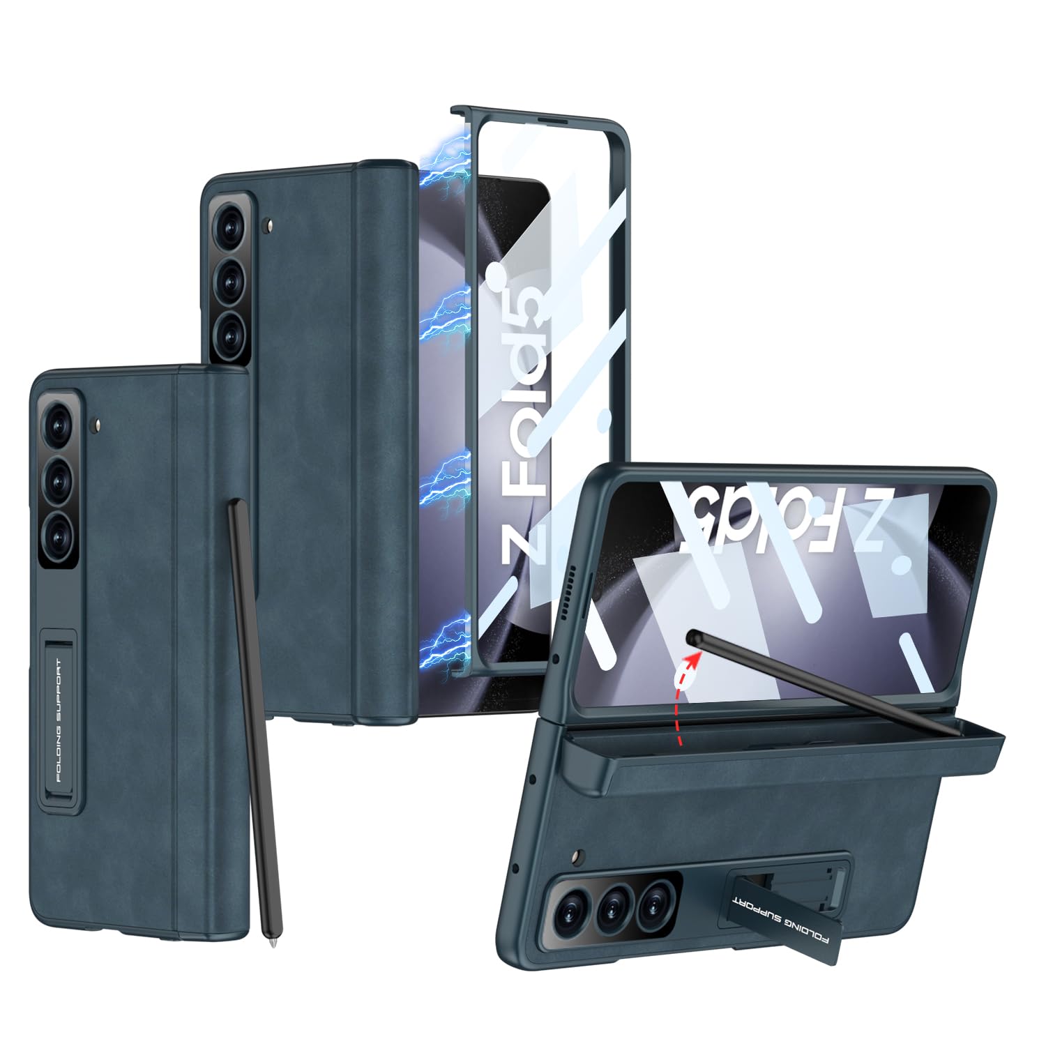 Étui pour Samsung Galaxy Z Fold 5 avec Protection de la céramique magnétique, écran Frontal et Cavalier intégré, Emplacement S-Pen et étui avec Texture argentée. (Bleu Marine)