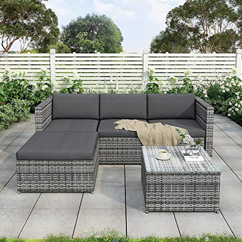 BTM Garden Corner Sofa, PE Rattan Garden Furniture Set, Patio Entertaining Sofa Set with Coffee Table, Black Rattan